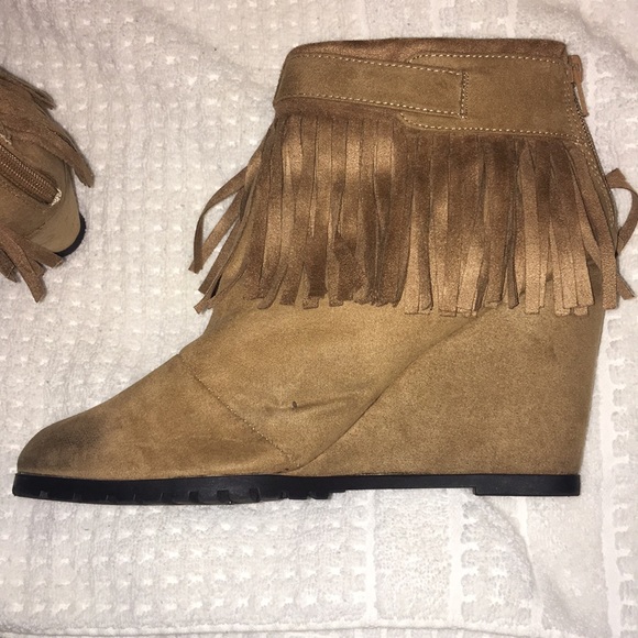 Tan Suede Fringe Wedge Booties - Picture 3 of 8